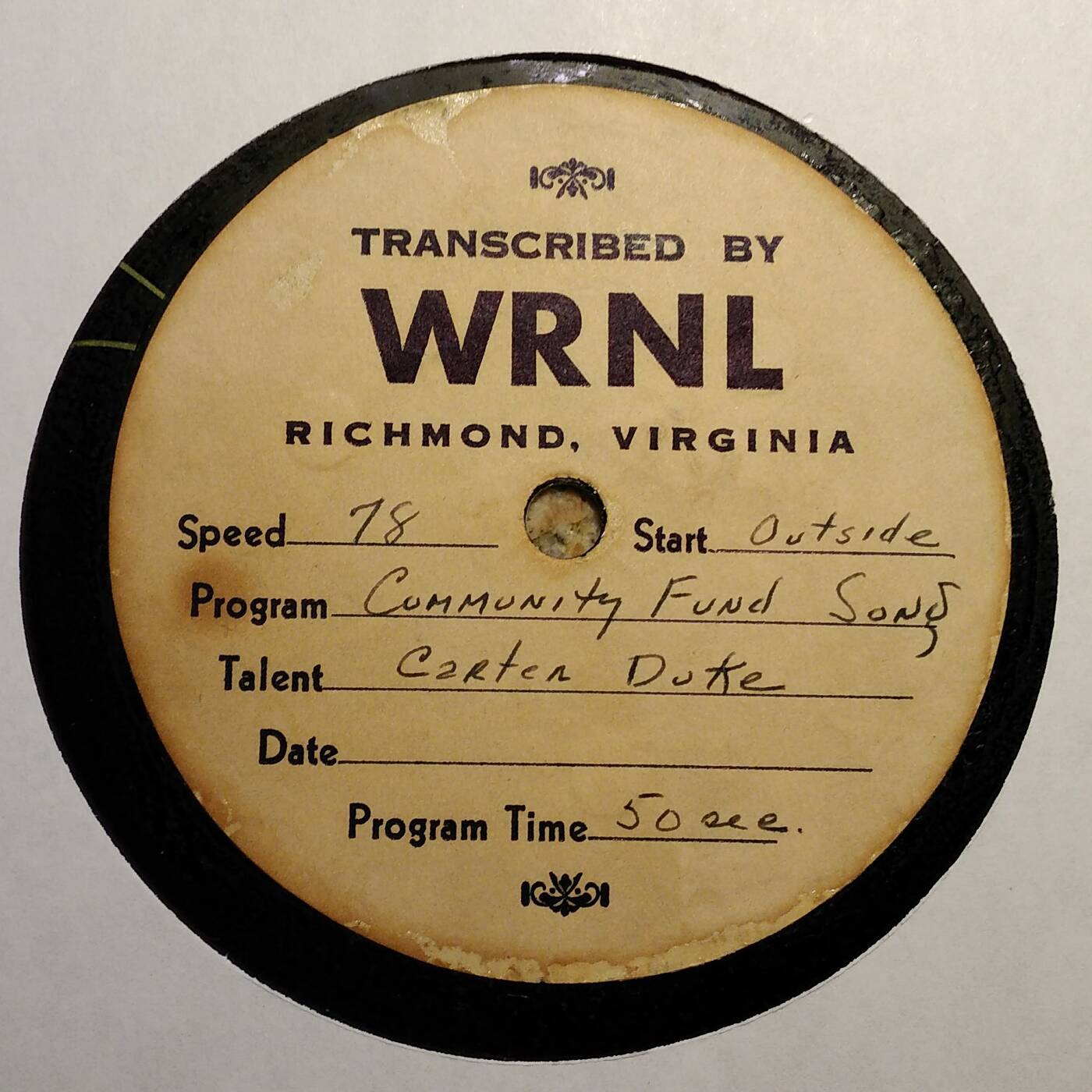 78 Acetate - WRNL Radio Richmond Virginia - Carter Duke - Community Fund Drive episode artwork