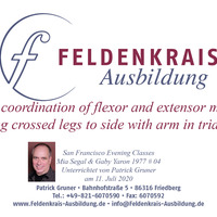 1977 04 Classic coordination of flexor and extensor muscles, tilting crossed legs to side with arm in triangle by Feldenkrais Ausbildung