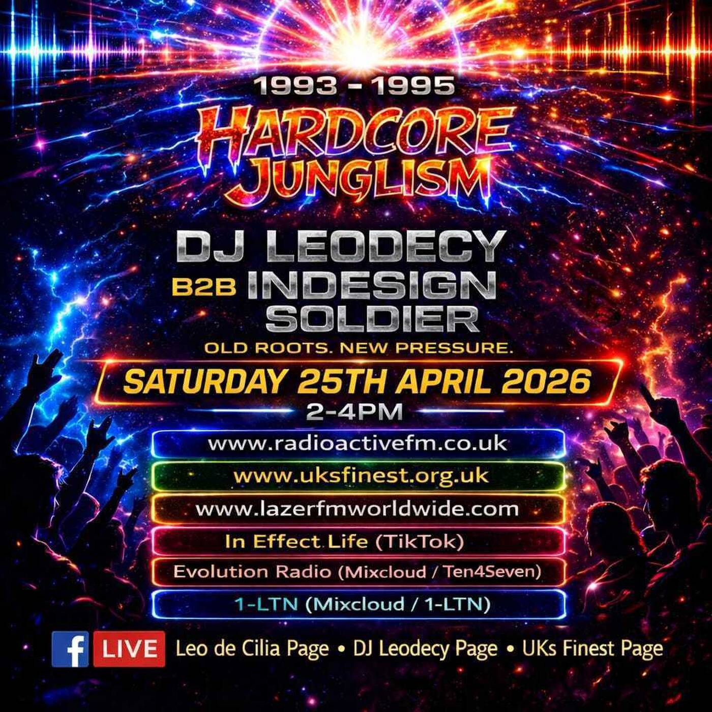 Leodecy Live, 25.4.26, 2-4pm, B2B Indesign Soldier, Hardcore Junglism 1993-1995 episode artwork