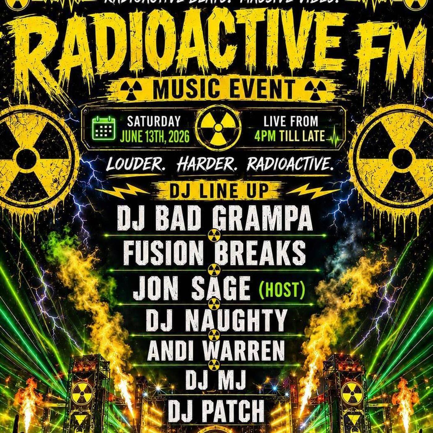 RADIOACTIVE MUSIC EVENT 13-06-2026 - Jon Sage (Host), Dj Naughty, Dj MJ, Dj Bad Grampa, Fusion Breaks, Andi Warren & Dj Patch episode artwork